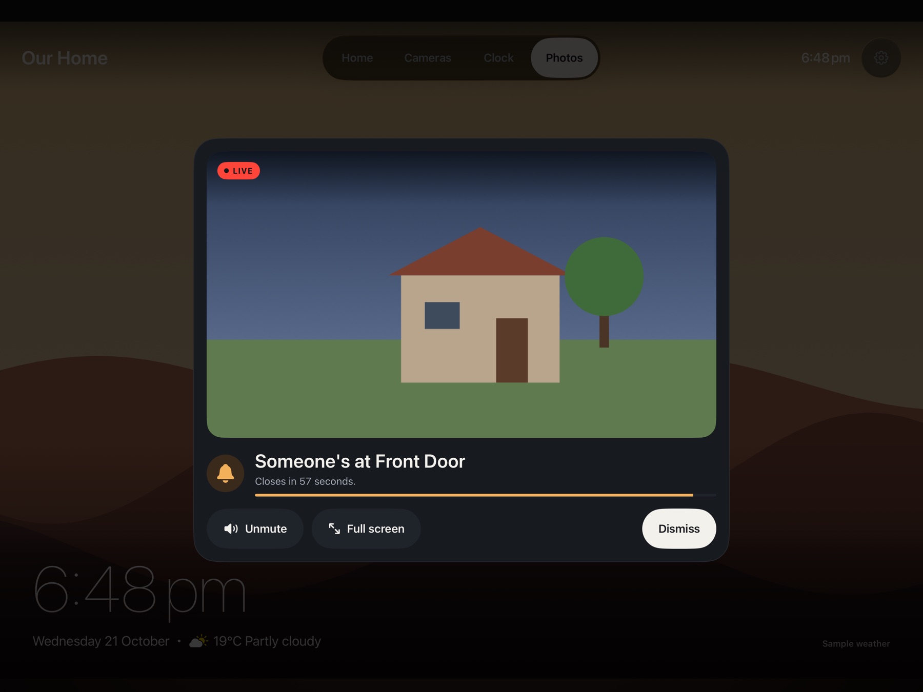 Doorbell camera pop-up over the photo frame.
